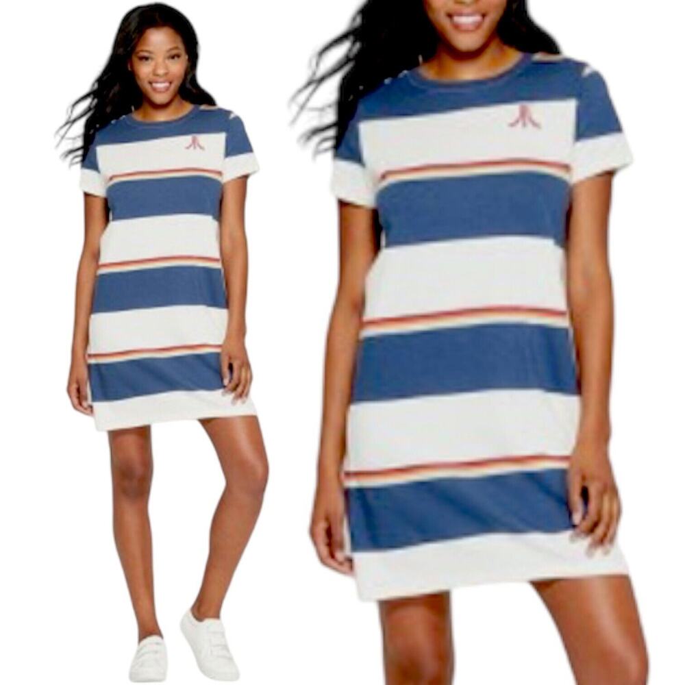 JUNK FOOD CLOTHING Atari Vintage Y2K Stripe Tunic Dress Japanese Blue Red Small